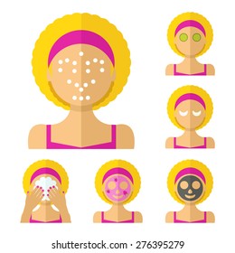 Vector flat illustration: Set on six attractive european blonde models with different spa beauty treatments in pink clothes
