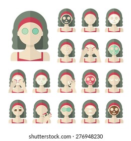 Vector flat illustration: Set on seventeen retro european  models with different spa beauty treatments in red clothes
