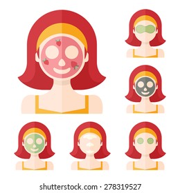 Vector flat illustration: Set on six attractive european ginger models with different spa beauty treatments in orange clothes
