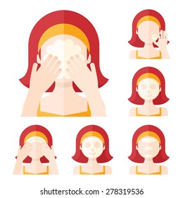Vector flat illustration: Set on six attractive european ginger models with different spa beauty treatments in orange clothes
