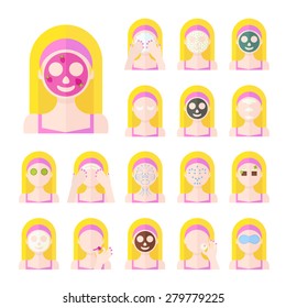 Vector flat illustration: Set on seventeen  european  blonde models with different spa beauty treatments in pink clothes