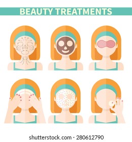 Vector flat illustration: Set on six attractive european ginger models with different spa beauty treatments in green clothes 