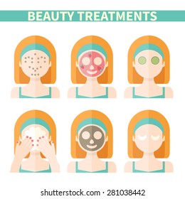 Vector flat illustration: Set on six attractive european ginger models with different spa beauty treatments in green clothes 