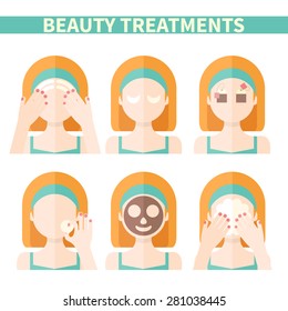 Vector flat illustration: Set on six attractive european ginger models with different spa beauty treatments in green clothes 