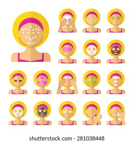 Vector flat illustration: Set on seventeen  european  blonde models with different spa beauty treatments in pink clothes