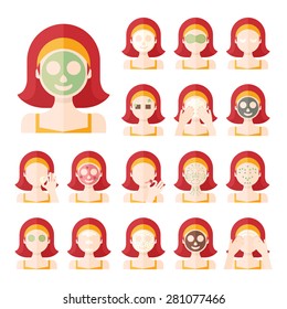 Vector flat illustration: Set on seventeen  european ginger models with different spa beauty treatments in orange clothes