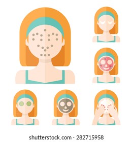 Vector flat illustration: Set on six attractive european ginger models with different spa beauty treatments in green clothes
