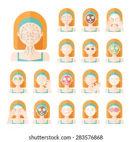 Vector flat illustration: Set on seventeen  european ginger models with different spa beauty treatments in green clothes