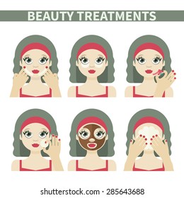 Vector flat illustration: Set on six retro european  models with different spa beauty treatments in red clothes