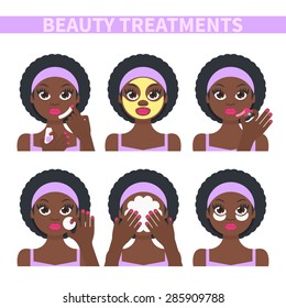 Vector flat illustration: Set on six attractive black afro american models with different spa beauty treatments in purple clothes