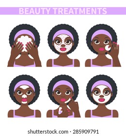 Vector flat illustration: Set on six attractive black afro american models with different spa beauty treatments in purple clothes