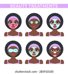 Vector flat illustration: Set on six attractive black afro american models with different spa beauty treatments in purple clothes