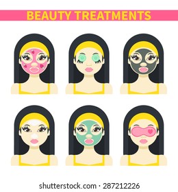 Vector flat illustration: Set on six attractive asian models with different spa beauty treatments in yellow clothes