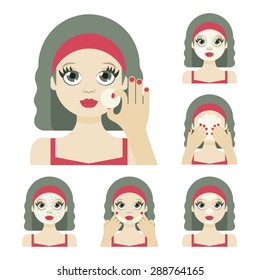 Vector flat illustration: Set on six retro european  models with different spa beauty treatments in red clothes