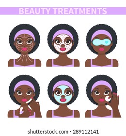 Vector flat illustration: Set on six attractive black afro american models with different spa beauty treatments in purple clothes