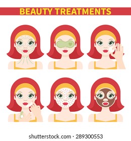 Vector flat illustration: Set on six ginger European  models with different spa beauty treatments in orange clothes