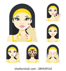 Vector flat illustration: Set on six attractive Asian models with different spa beauty treatments in yellow clothes