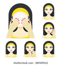 Vector flat illustration: Set on six attractive Asian models with different spa beauty treatments in yellow clothes
