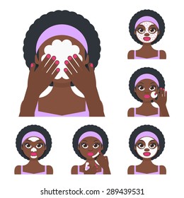 Vector flat illustration: Set on six attractive black Afro American models with different spa beauty treatments in purple clothes