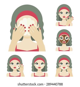 Vector flat illustration: Set on six retro European  models with different spa beauty treatments in red clothes