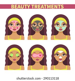 Vector flat illustration: Set on six beautiful Latina  models with different spa beauty treatments in olive clothes