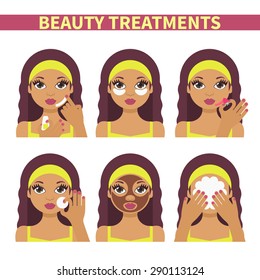 Vector flat illustration: Set on six beautiful Latina  models with different spa beauty treatments in olive clothes