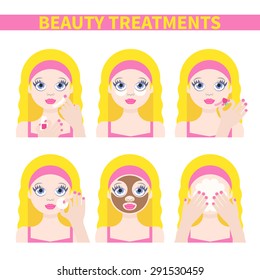 Vector flat illustration: Set on six blonde european  models with different spa beauty treatments in pink clothes