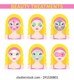 Vector flat illustration: Set on six blonde european  models with different spa beauty treatments in pink clothes