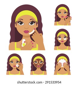 Vector flat illustration: Set on six beautiful latina  models with different spa beauty treatments in olive clothes