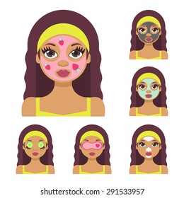 Vector flat illustration: Set on six beautiful latina  models with different spa beauty treatments in olive clothes