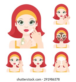 Vector flat illustration: Set on six ginger European  models with different spa beauty treatments in orange clothes