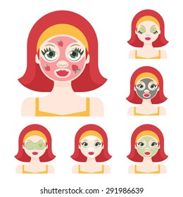 Vector flat illustration: Set on six ginger European  models with different spa beauty treatments in orange clothes