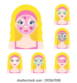 Vector flat illustration: Set on six blonde european  models with different spa beauty treatments in pink clothes