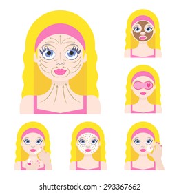 Vector flat illustration: Set on six blonde european  models with different spa beauty treatments in pink clothes