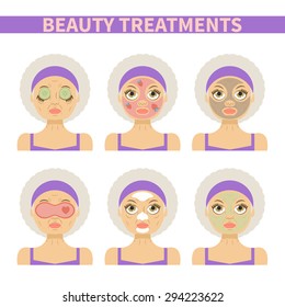 Vector flat illustration: Set on six gray haired aged beautiful european  models with different spa beauty treatments in purple clothes isolated on white background