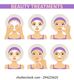 Vector flat illustration: Set on six gray haired aged beautiful european  models with different spa beauty treatments in purple clothes isolated on white background