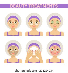 Vector flat illustration: Set on six gray haired aged beautiful european  models with different spa beauty treatments in purple clothes isolated on white background