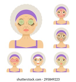 Vector flat illustration: Set on six gray haired aged beautiful european  models with different spa beauty treatments in purple clothes isolated on white background