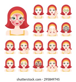 Vector flat illustration: Set on seventeen  european models with different spa beauty treatments in orange clothe