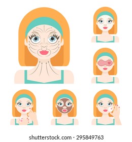 Vector flat illustration: Set on six attractive european models with different spa beauty treatments in green clothes
