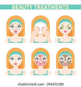 Vector flat illustration: Set on six ginger european  models with different spa beauty treatments in green clothes