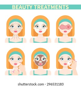 Vector flat illustration: Set on six ginger european  models with different spa beauty treatments in green clothes