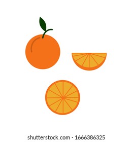 Vector flat illustration. Set of oranges Sliced, orange half  isolated on white. Summer healthy food drawing.
