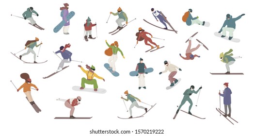 vector flat illustration set with people snowboarding and skiers