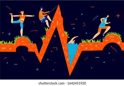 Vector flat illustration set people who are engaged in sports, their health, active lifestyle. This s metaphor, because they stand on abstract ECG image. Concept cardiology, maintenance healthy heart