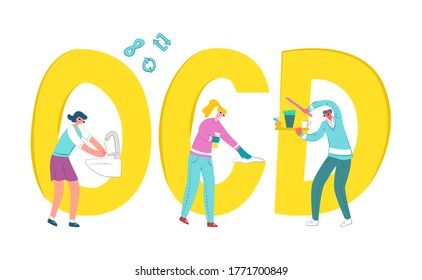 Ilustración vectorial plana de personas que limpian el polvo, arreglan las cosas simétricamente, lavan las manos. La repetición de los símbolos y el infinito se muestran arriba. Concepto Estado obsesivo compulsivo o OCD.