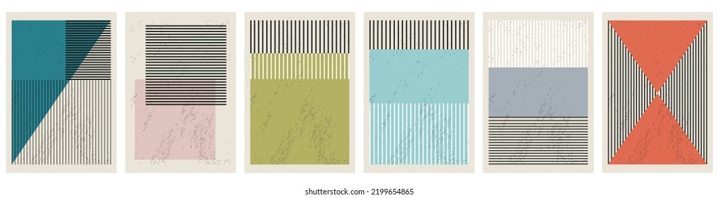 Vector flat illustration set. Poster concept with lines and geometric shapes. There are six posters in the set. Perfect as a home decor, screensaver, cover and background for anything.