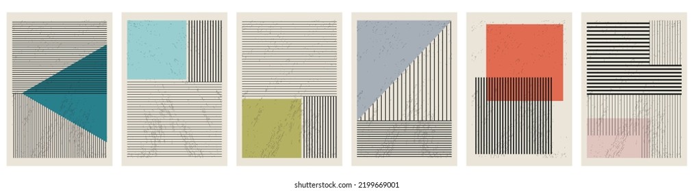 Vector flat illustration set. Poster concept with lines and geometric shapes. There are six posters in the set. Perfect as a home decor, screensaver, cover and background for anything.