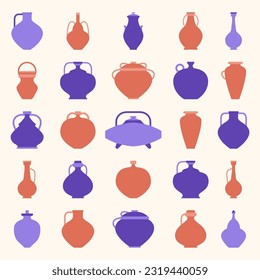 Vector flat illustration set of pottery. Various vases and pots for liquids. Pottery workshop icons set. Product made on a potters wheel. Traditional crockery