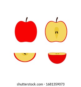 Vector flat illustration. Set of red apple whole, cut, half, quarter isolated on white. Elements design for menu, summer, kitchen, textile, fabric, wrapping, scrapbooking, poster, wallpaper, gardening